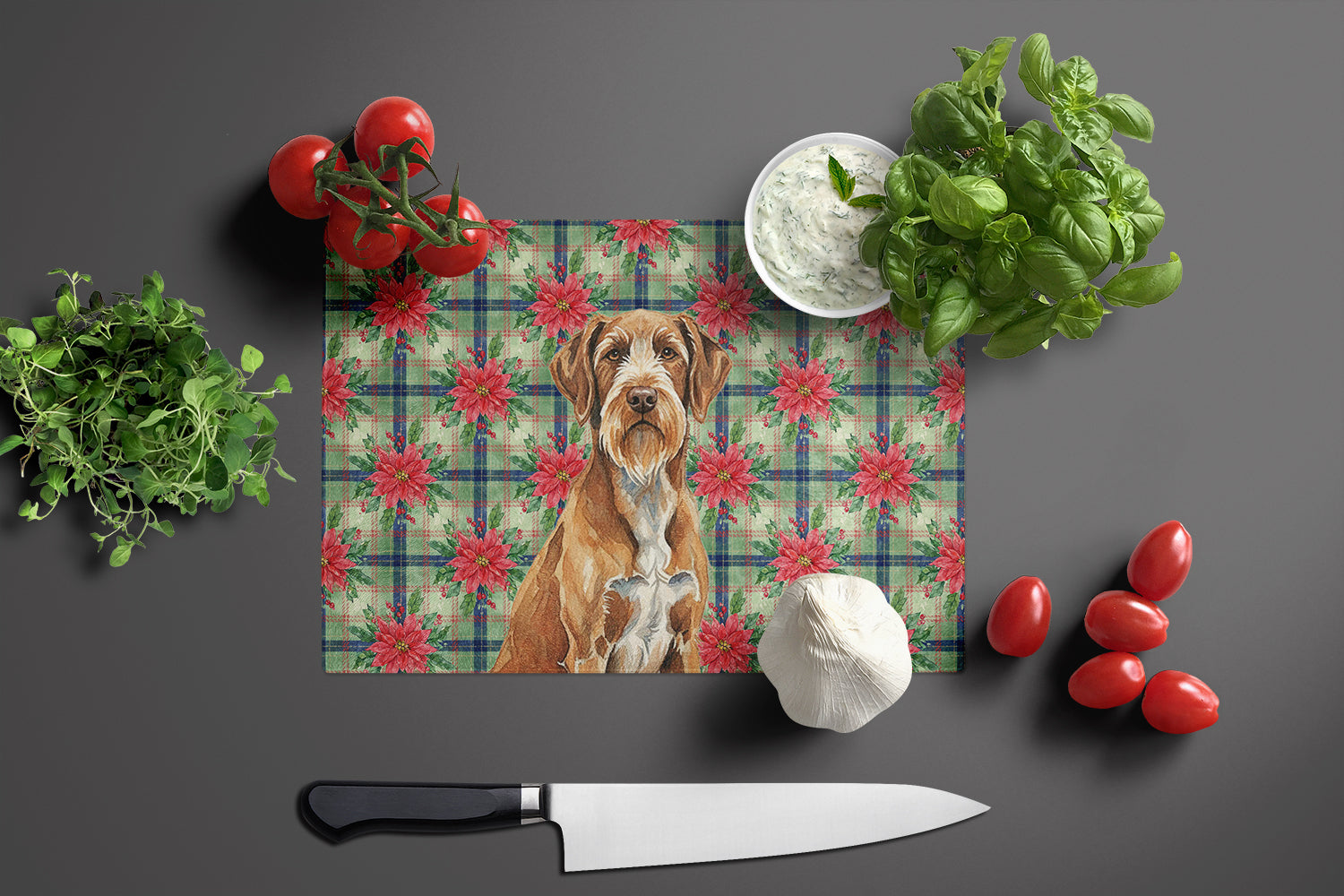 Wirehaired Pointing Griffon Christmas PoinsettIas Cutting Board Tempered Glass Kitchen Cutting Surface, Heat Resistant Chopping, Non-Slip Feet, Food Prep & Serving