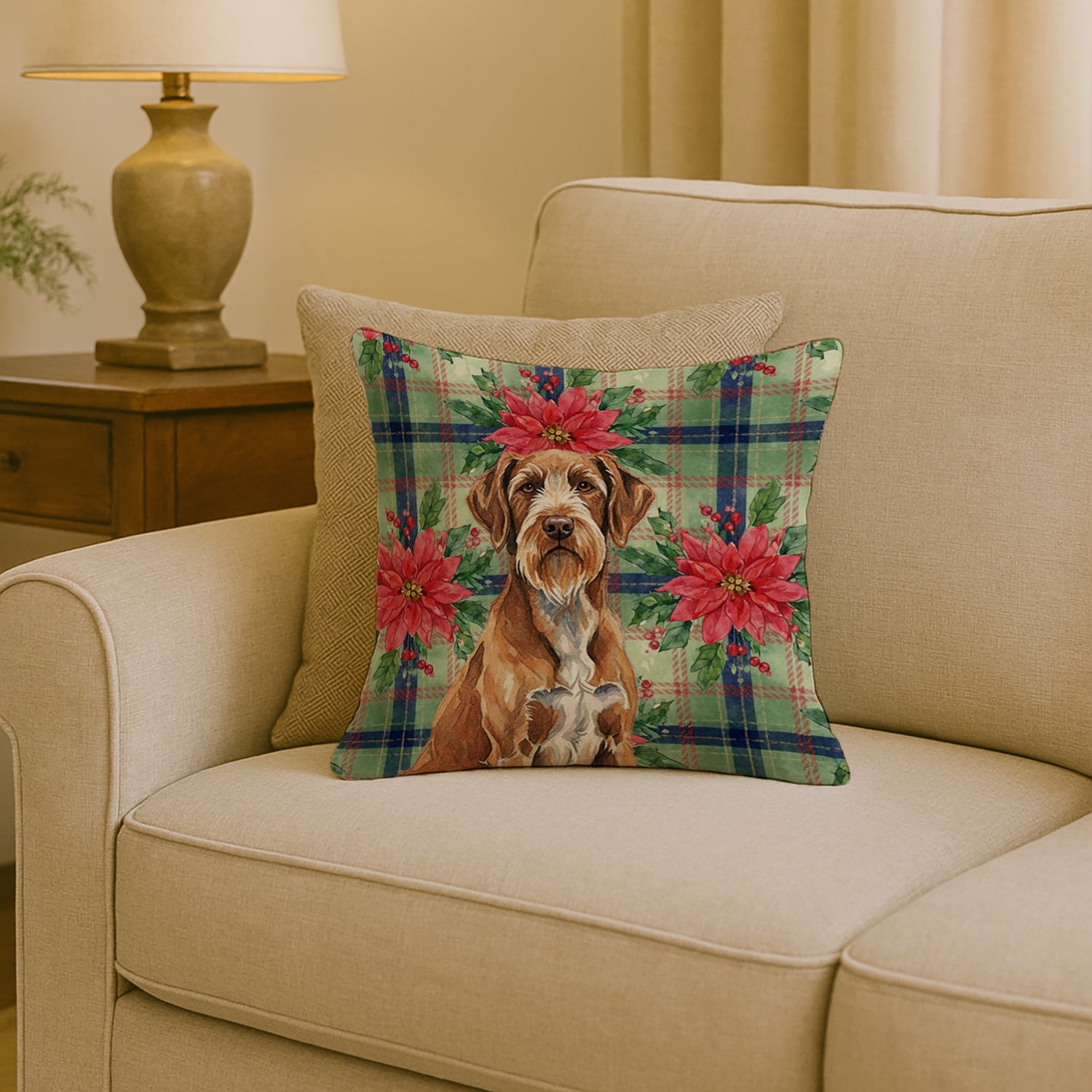 Wirehaired Pointing Griffon Christmas PoinsettIas Decorative Throw Pillow 18x18 Indoor Outdoor Accent Cushion, Fabric Cover with Insert for Sofa, Bed, Porch & Living Room