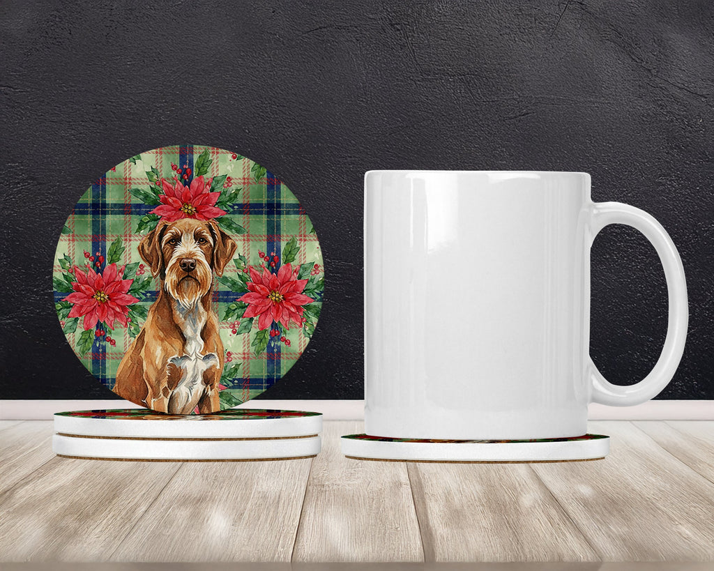 Wirehaired Pointing Griffon Christmas PoinsettIas Large Sandstone Coasters Pack of 4 Absorbent Round Coasters Decor Gifts for Men or Women, 4 in, Multicolor