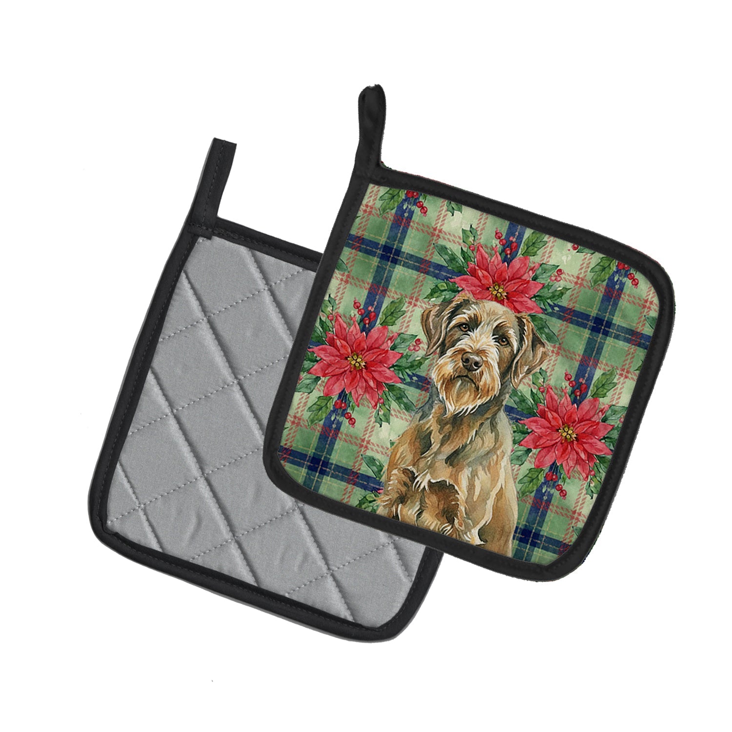 Chestnut Wirehaired Pointing Griffon Christmas PoinsettIas Pot Holder Set of 2 Heat Resistant Quilted Hot Pads 7.5 x 7.5 Inch, Insulated Kitchen Trivets for Cooking & Baking