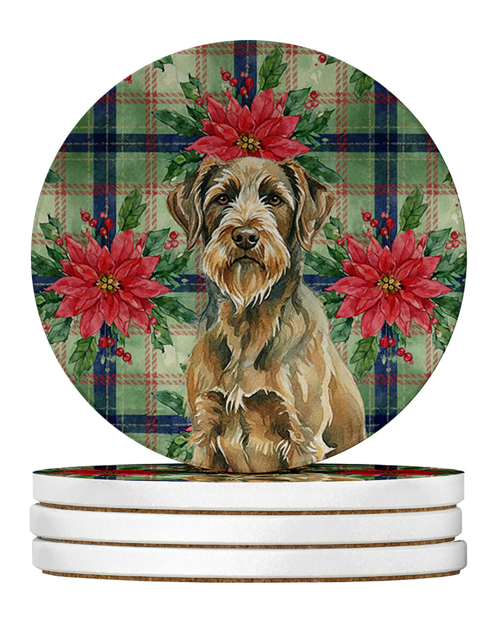 Chestnut Wirehaired Pointing Griffon Christmas PoinsettIas Large Sandstone Coasters Pack of 4 Absorbent Round Coasters Decor Gifts for Men or Women, 4 in, Multicolor