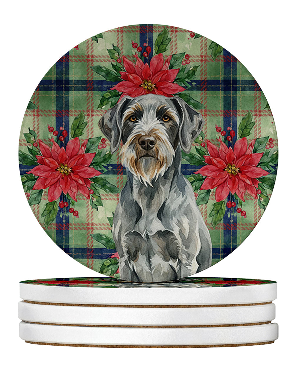 Steel Gray Wirehaired Pointing Griffon Christmas PoinsettIas Large Sandstone Coasters Pack of 4 Absorbent Round Coasters Decor Gifts for Men or Women, 4 in, Multicolor