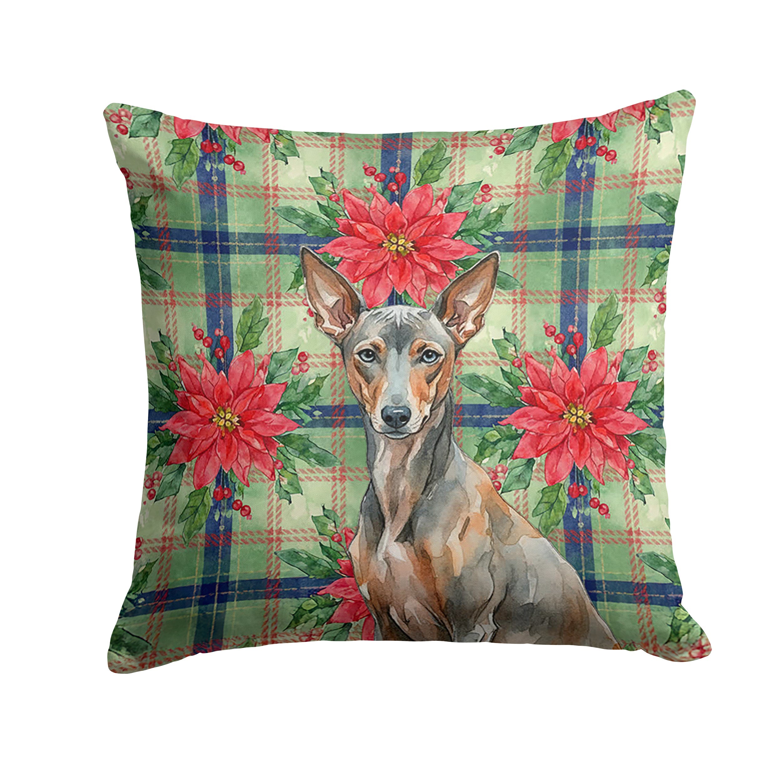 Xoloitzcuintli Christmas PoinsettIas Decorative Throw Pillow 18x18 Indoor Outdoor Accent Cushion, Fabric Cover with Insert for Sofa, Bed, Porch & Living Room
