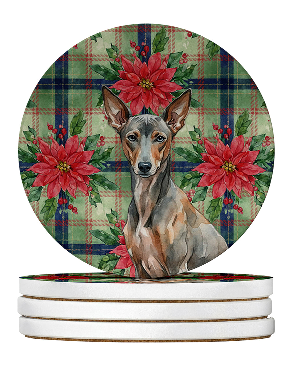 Xoloitzcuintli Christmas PoinsettIas Large Sandstone Coasters Pack of 4 Absorbent Round Coasters Decor Gifts for Men or Women, 4 in, Multicolor