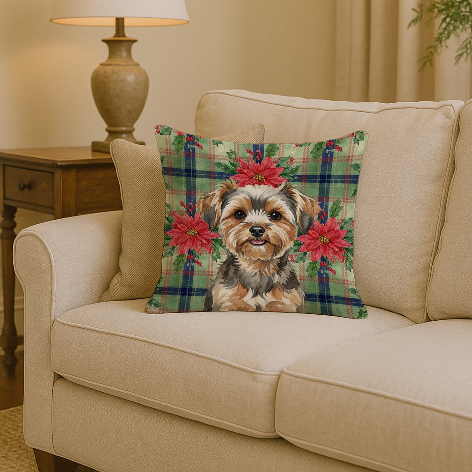 Yorkiepoo Christmas PoinsettIas Decorative Throw Pillow 14x14 Indoor Outdoor Accent Cushion, Fabric Cover with Insert for Sofa, Bed, Porch & Living Room