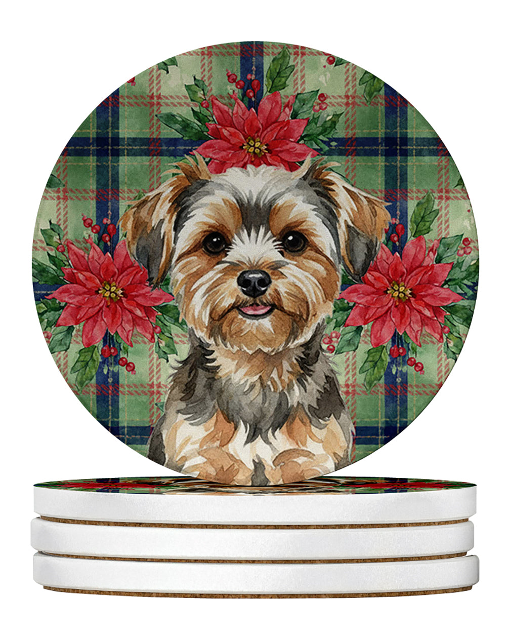 Yorkiepoo Christmas PoinsettIas Large Sandstone Coasters Pack of 4 Absorbent Round Coasters Decor Gifts for Men or Women, 4 in, Multicolor