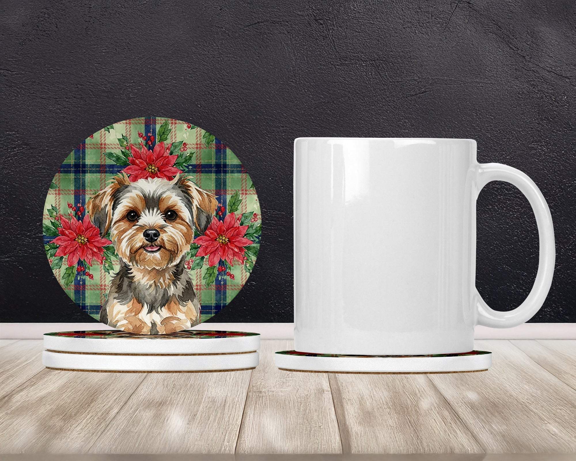 Yorkiepoo Christmas PoinsettIas Large Sandstone Coasters Pack of 4 Absorbent Round Coasters Decor Gifts for Men or Women, 4 in, Multicolor