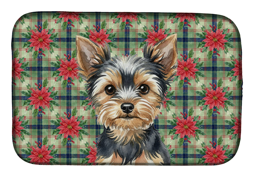 Black and Tan Yorkshire Terrier Christmas PoinsettIas Dish Drying Mat Absorbent Dish Drying Mat Pad for Kitchen Counter Dish Drainer Mat for Countertop, 14 x 21", Multicolor