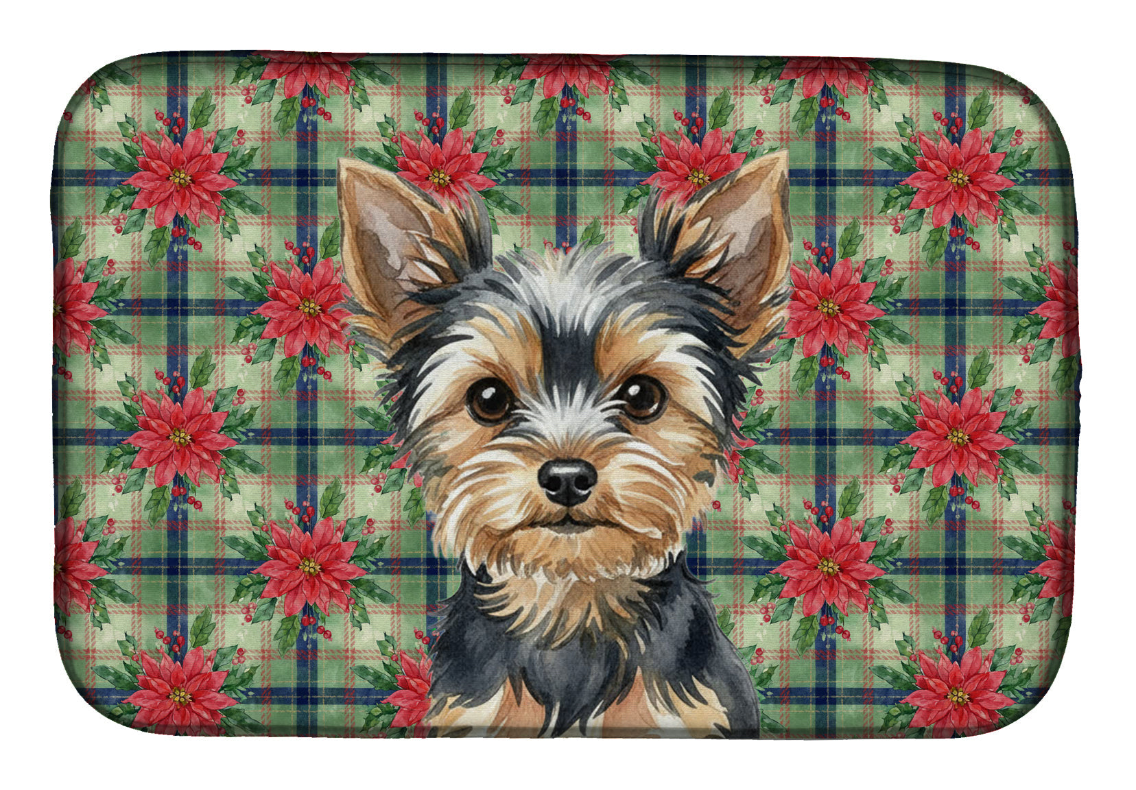 Black and Tan Yorkshire Terrier Christmas PoinsettIas Dish Drying Mat Absorbent Dish Drying Mat Pad for Kitchen Counter Dish Drainer Mat for Countertop, 14 x 21", Multicolor