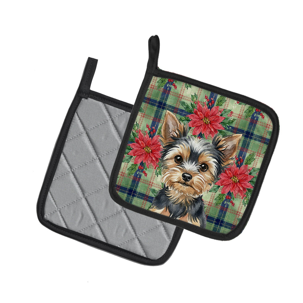 Black and Tan Yorkshire Terrier Christmas PoinsettIas Pot Holder Set of 2 Heat Resistant Quilted Hot Pads 7.5 x 7.5 Inch, Insulated Kitchen Trivets for Cooking & Baking