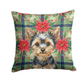 Black and Tan Yorkshire Terrier Christmas PoinsettIas Decorative Throw Pillow 14x14 Indoor Outdoor Accent Cushion, Fabric Cover with Insert for Sofa, Bed, Porch & Living Room