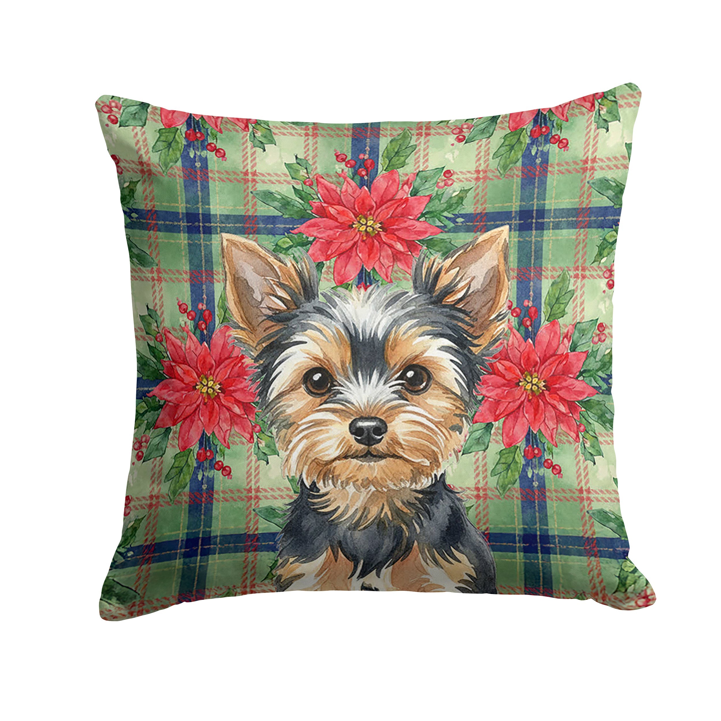 Black and Tan Yorkshire Terrier Christmas PoinsettIas Decorative Throw Pillow 14x14 Indoor Outdoor Accent Cushion, Fabric Cover with Insert for Sofa, Bed, Porch & Living Room