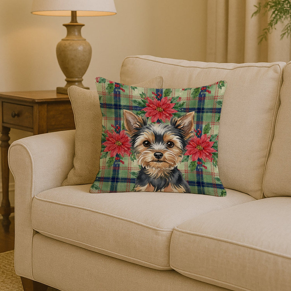 Black and Tan Yorkshire Terrier Christmas PoinsettIas Decorative Throw Pillow 14x14 Indoor Outdoor Accent Cushion, Fabric Cover with Insert for Sofa, Bed, Porch & Living Room