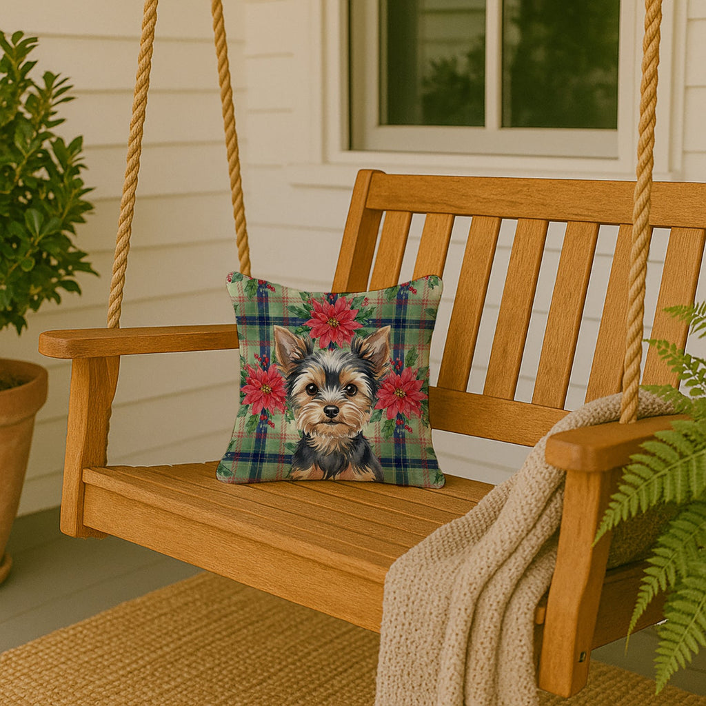 Black and Tan Yorkshire Terrier Christmas PoinsettIas Decorative Throw Pillow 14x14 Indoor Outdoor Accent Cushion, Fabric Cover with Insert for Sofa, Bed, Porch & Living Room