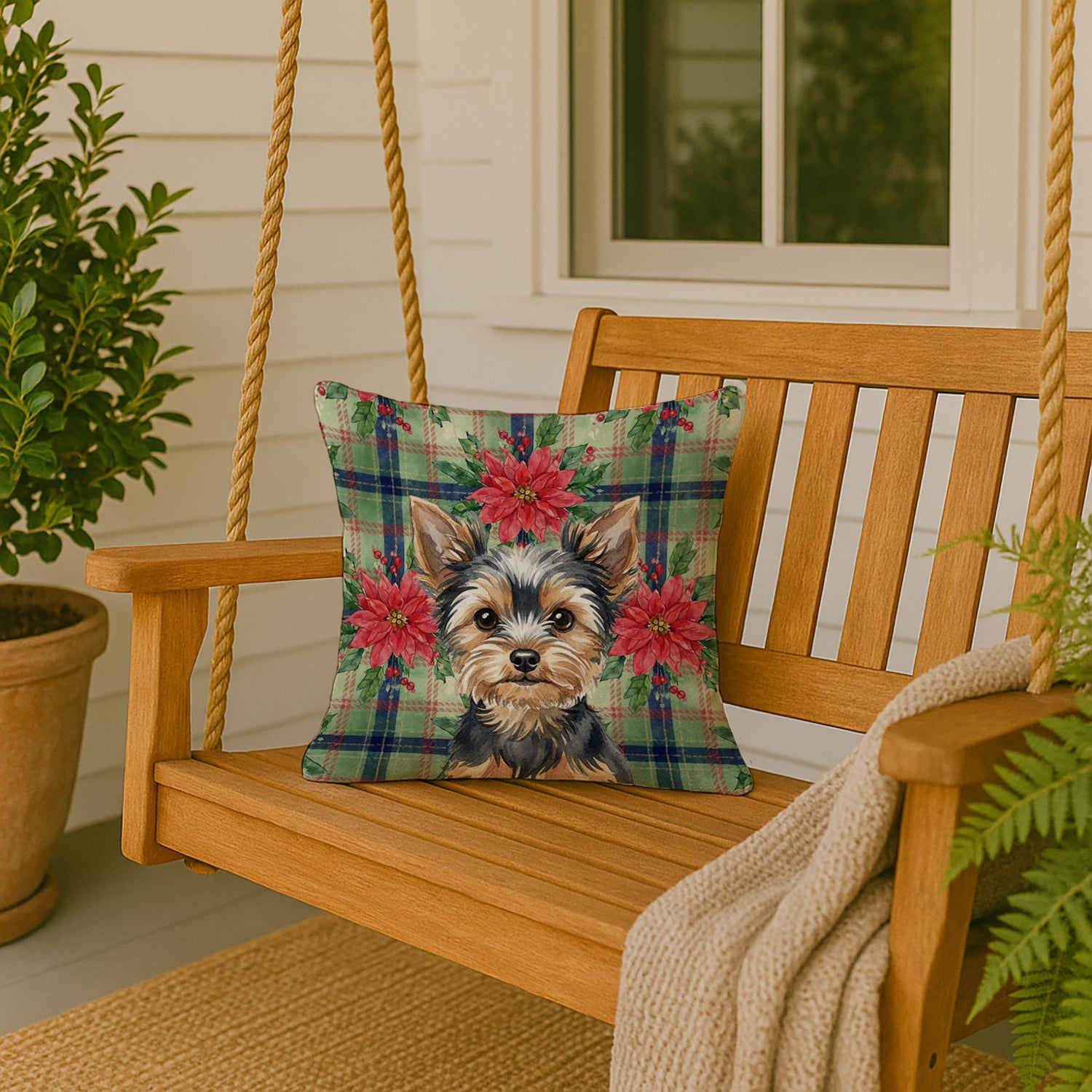 Black and Tan Yorkshire Terrier Christmas PoinsettIas Decorative Throw Pillow 18x18 Indoor Outdoor Accent Cushion, Fabric Cover with Insert for Sofa, Bed, Porch & Living Room