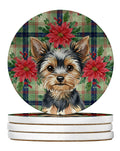 Black and Tan Yorkshire Terrier Christmas PoinsettIas Large Sandstone Coasters Pack of 4 Absorbent Round Coasters Decor Gifts for Men or Women, 4 in, Multicolor