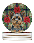 Blue and Tan Yorkshire Terrier Christmas PoinsettIas Large Sandstone Coasters Pack of 4 Absorbent Round Coasters Decor Gifts for Men or Women, 4 in, Multicolor