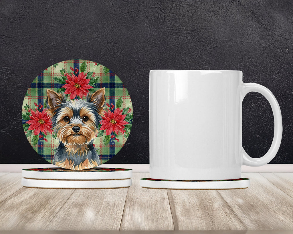 Blue and Tan Yorkshire Terrier Christmas PoinsettIas Large Sandstone Coasters Pack of 4 Absorbent Round Coasters Decor Gifts for Men or Women, 4 in, Multicolor