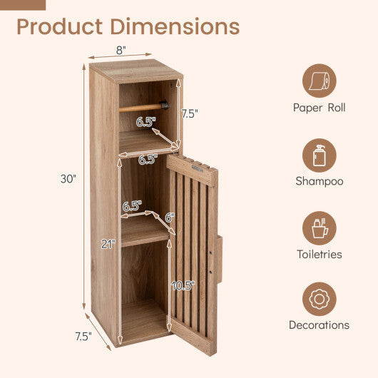 Costway Slim Bathroom Cabinets Freestanding Toilet Paper Holder Stand with Door-Natural