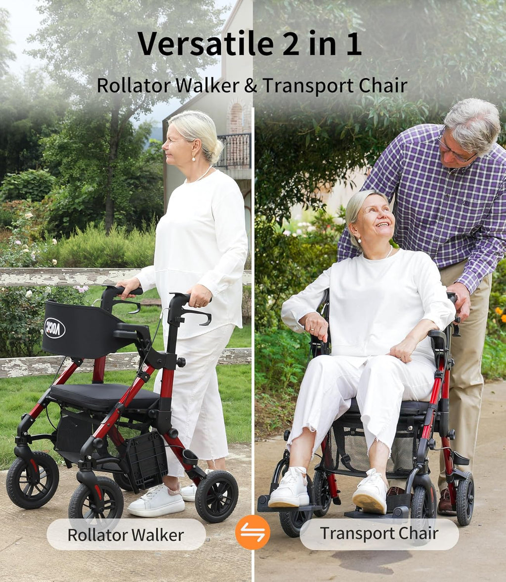 Walkers for Seniors, Wheelchairs for Adults, Rollator Walker with Seat, 2 in 1 Rollator Transport Chair with Brakes, Rollator Lightweight Foldable, Walker Wheelchair Combo