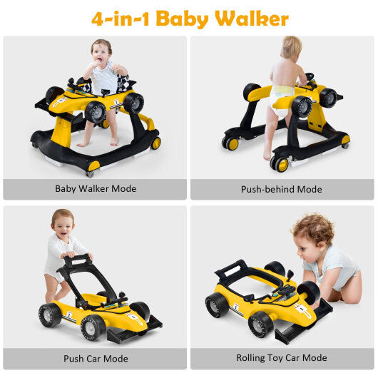 4-in-1 Baby Walker Foldable Activity Push Walker Adjustable Yellow