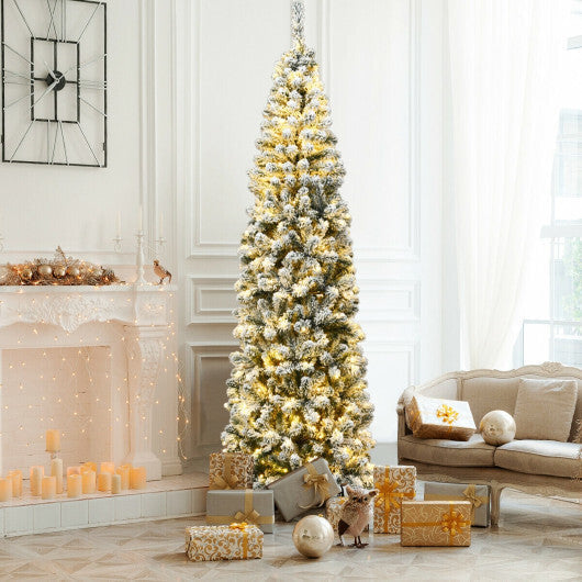 7.5Ft Pre-lit Snow Flocked Artificial Pencil Christmas Tree with 350 LED Lights
