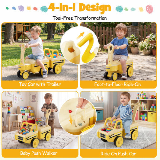 Costway 4 in 1 Ride on Push Car with Music and Under-Seat Storage for Boys Girls-Yellow