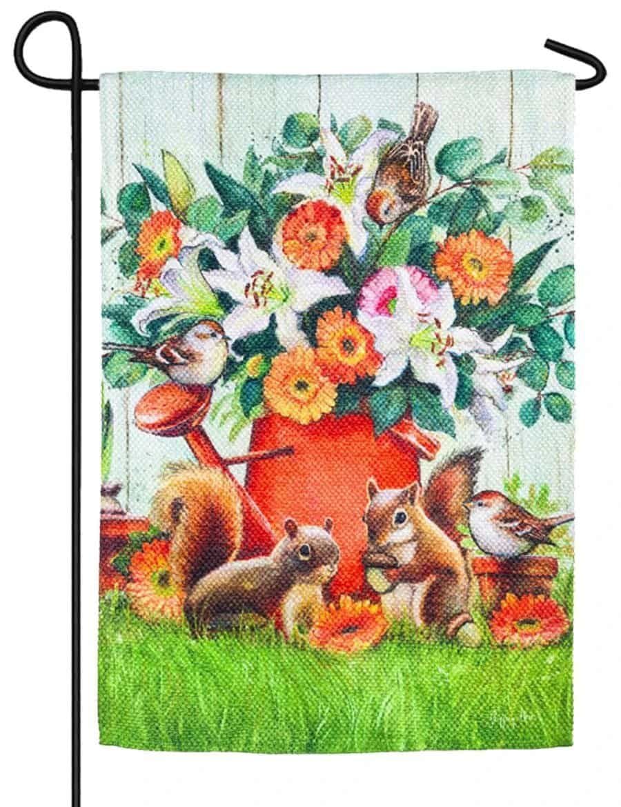Watering Can Critters Garden Flag 2 Sided Textured
