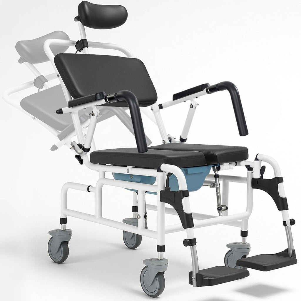 Reclining Shower Chair with Wheels - Commode Wheelchair for Seniors, Disabled, Bariatric & Handicap - Padded Transfer Rolling Chairs with Arms - Portable & Waterproof - Extra Wide Seat