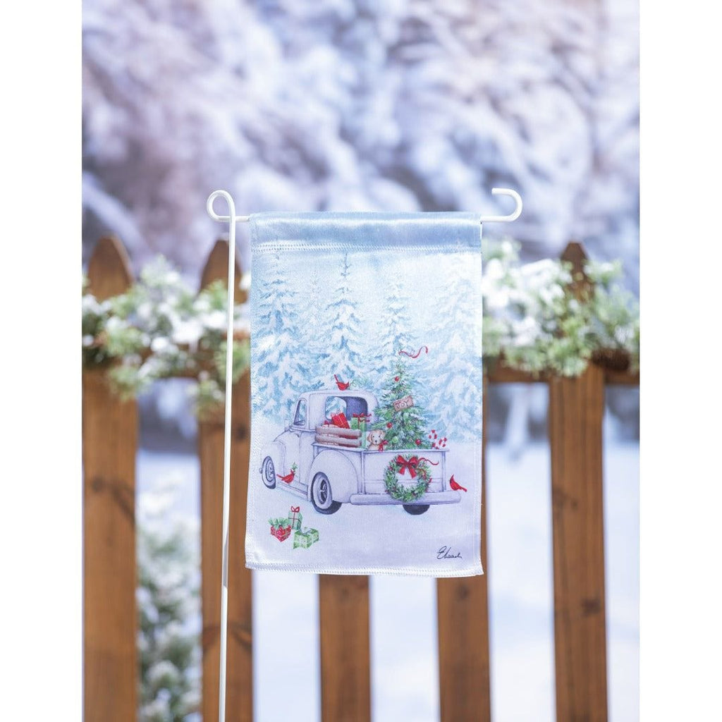 White Christmas Truck Garden Flag 2 Sided Lustre