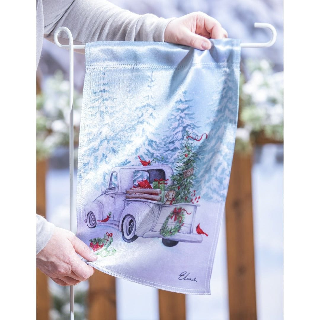 White Christmas Truck Garden Flag 2 Sided Lustre