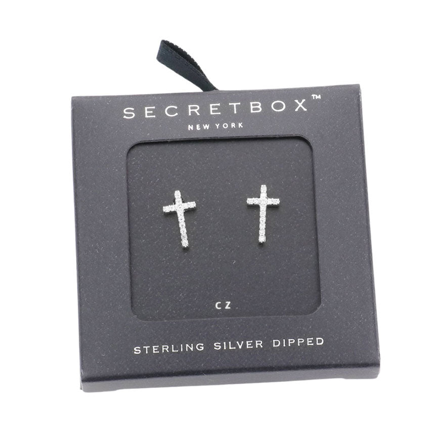 Sterling Silver Dipped CZ Cross Stud Earrings