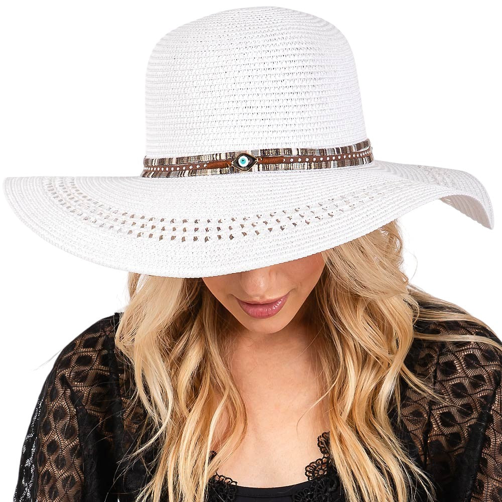 Wide Brim Straw Sun Hat with Evil Eye and Multi Design Band
