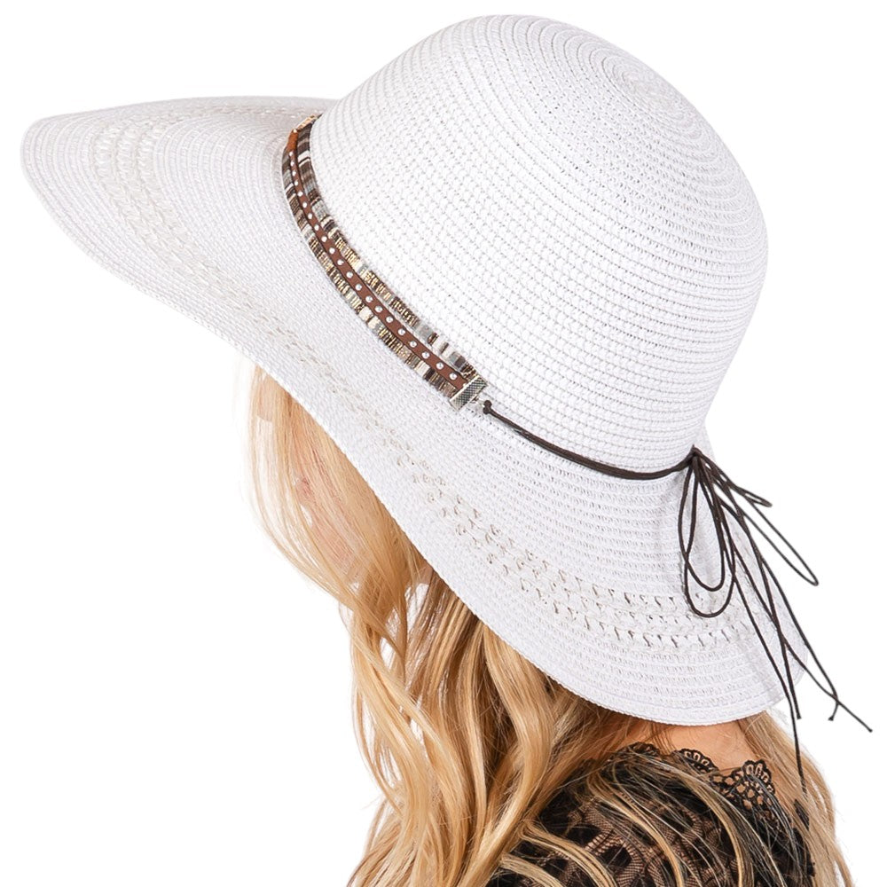 Wide Brim Straw Sun Hat with Evil Eye and Multi Design Band