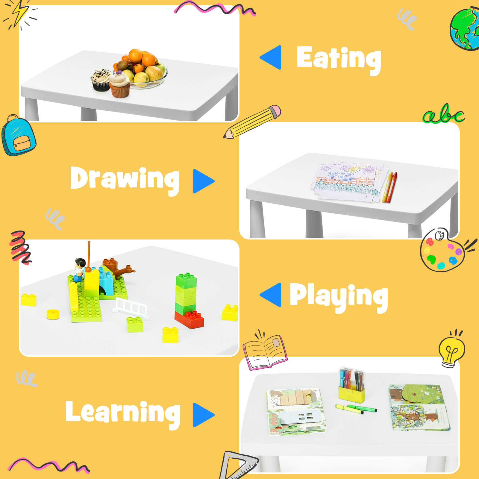 3 Pieces Toddler Multi Activity Play Dining Study Kids Table and Chair Set-White
