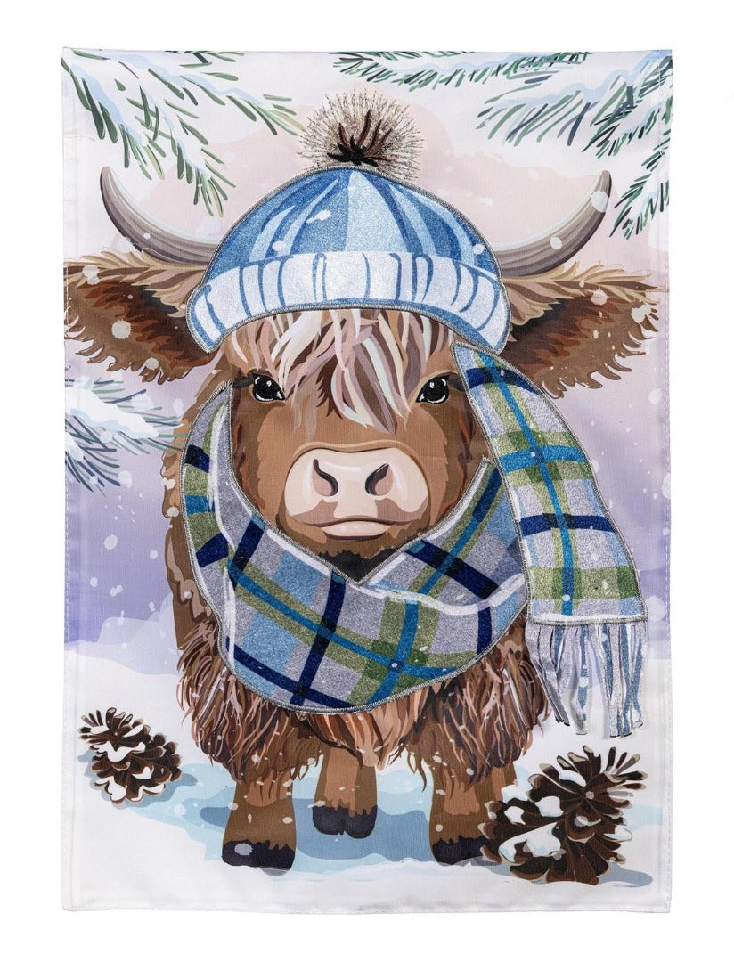 Winter Highland Cow 2 Sided Garden Flag