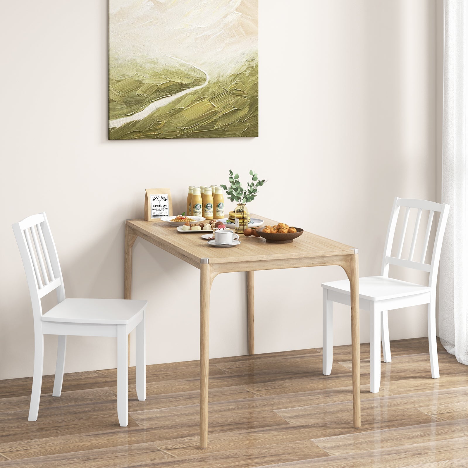 Wood Dining Chair Set of 2 with Rubber Wood Legs