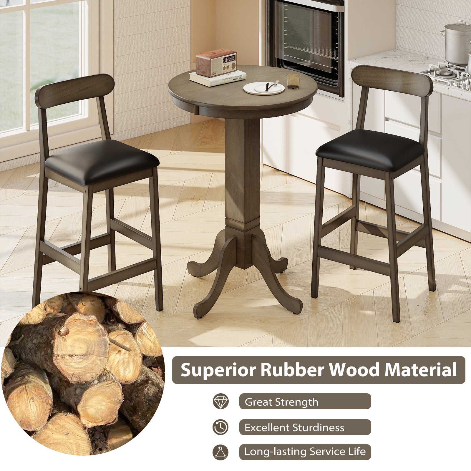 Wood Pub Round Dining Table with Pedestal Base
