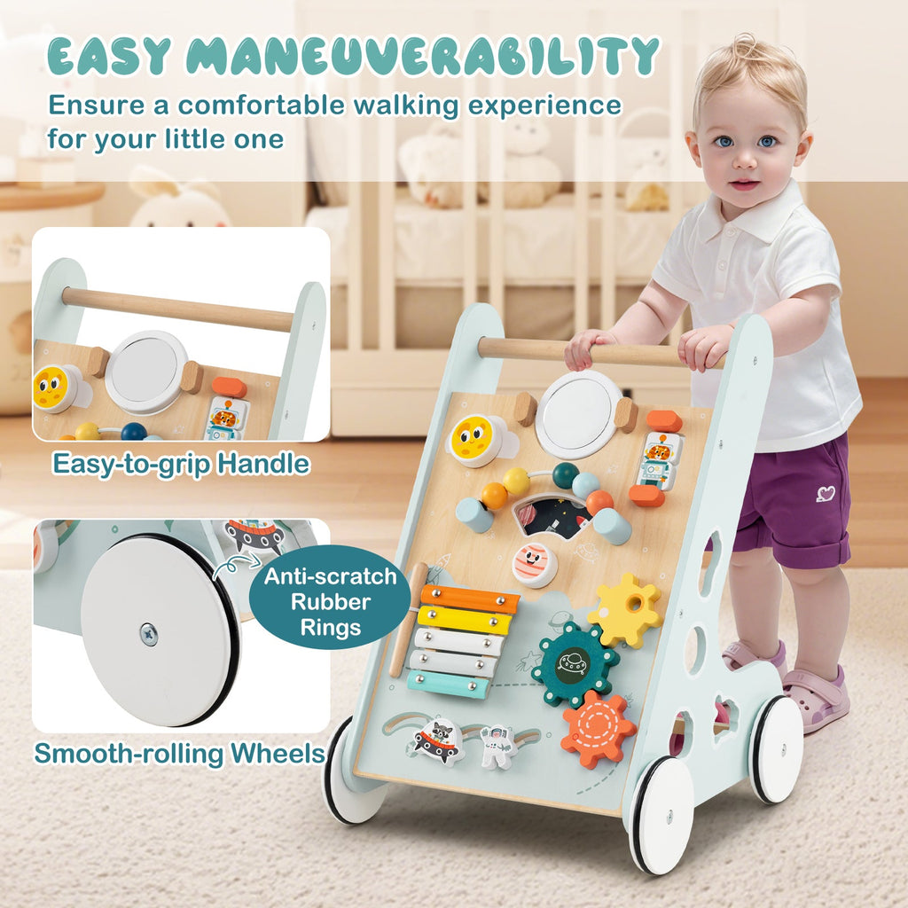 Wooden Baby Walker Push and Pull Learning Activity Center with Wheels for Toddlers 1+ Years Old-Green