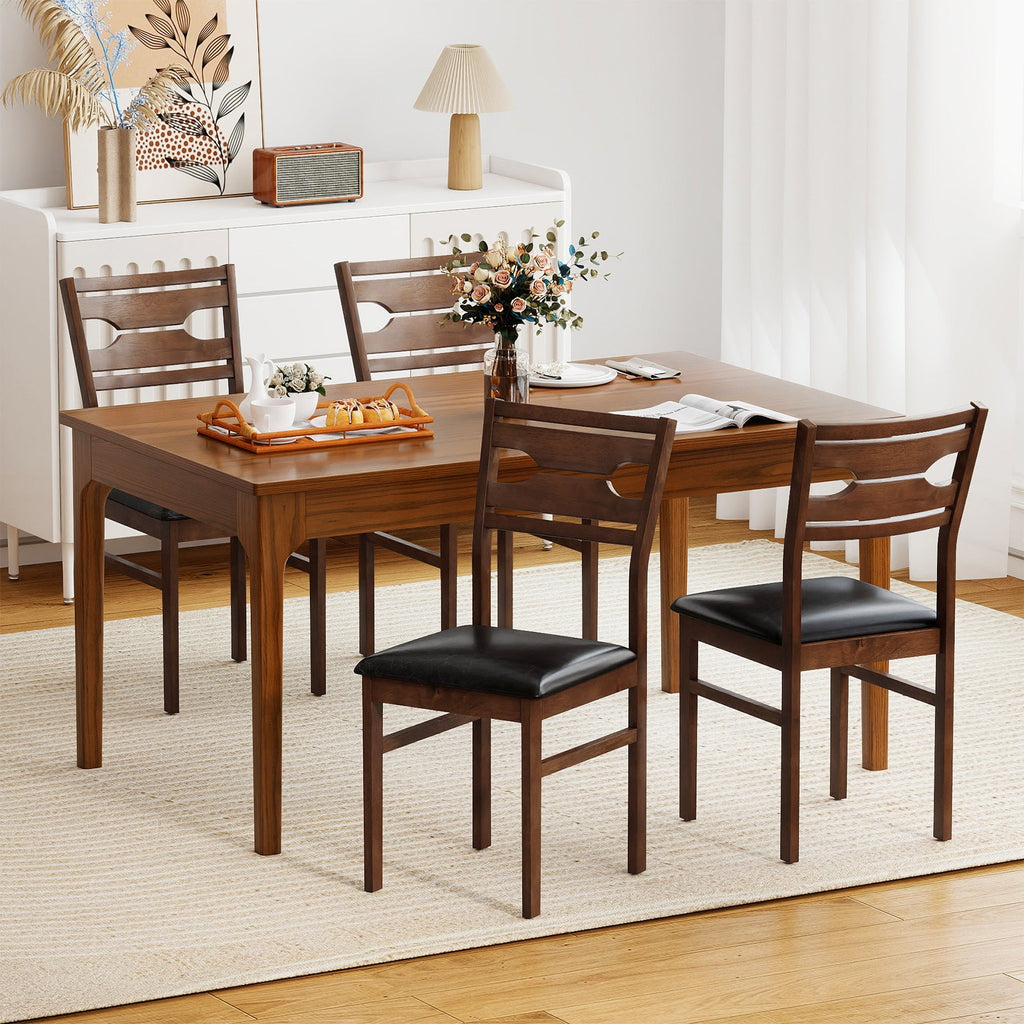Wooden Dining Chair Set of 2 with PU Leather Padded Seat and Rubber Wood Frame-Walnut