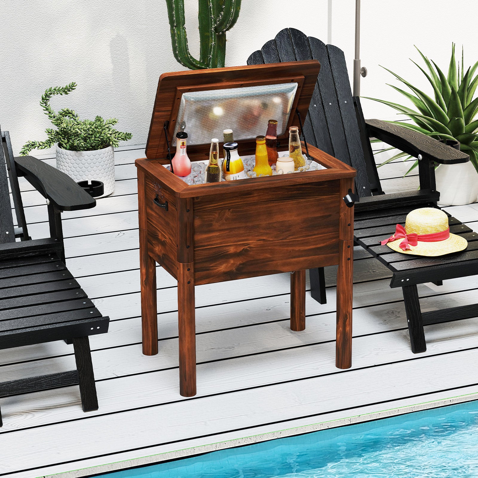 Wooden Patio Cooler with 3 Handles and Bottle Opener-Brown