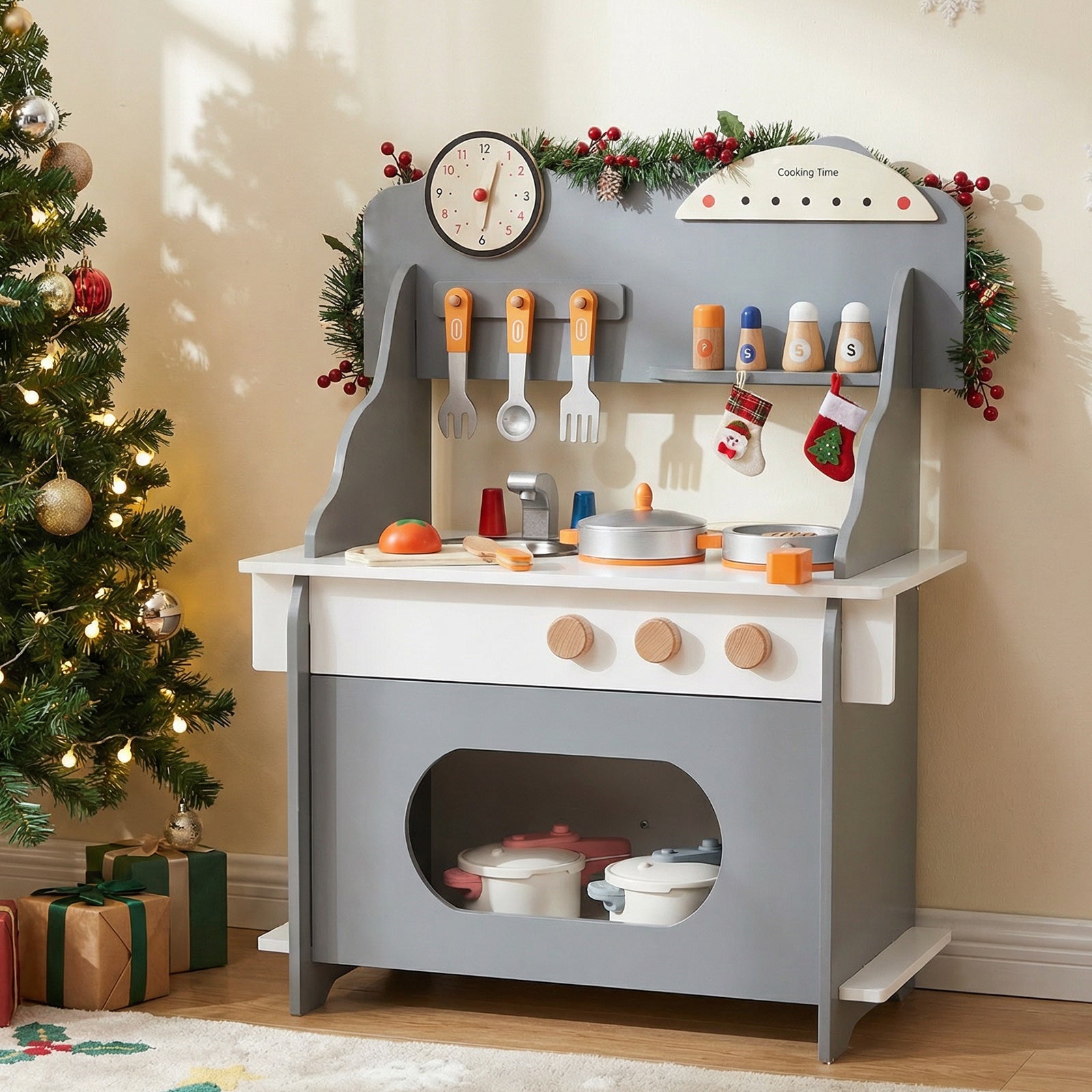 Wooden Play Kitchen for Kids Pretend Play Toy Kitchen Set with Clock Gift for Boys and Girls 3 +Pink