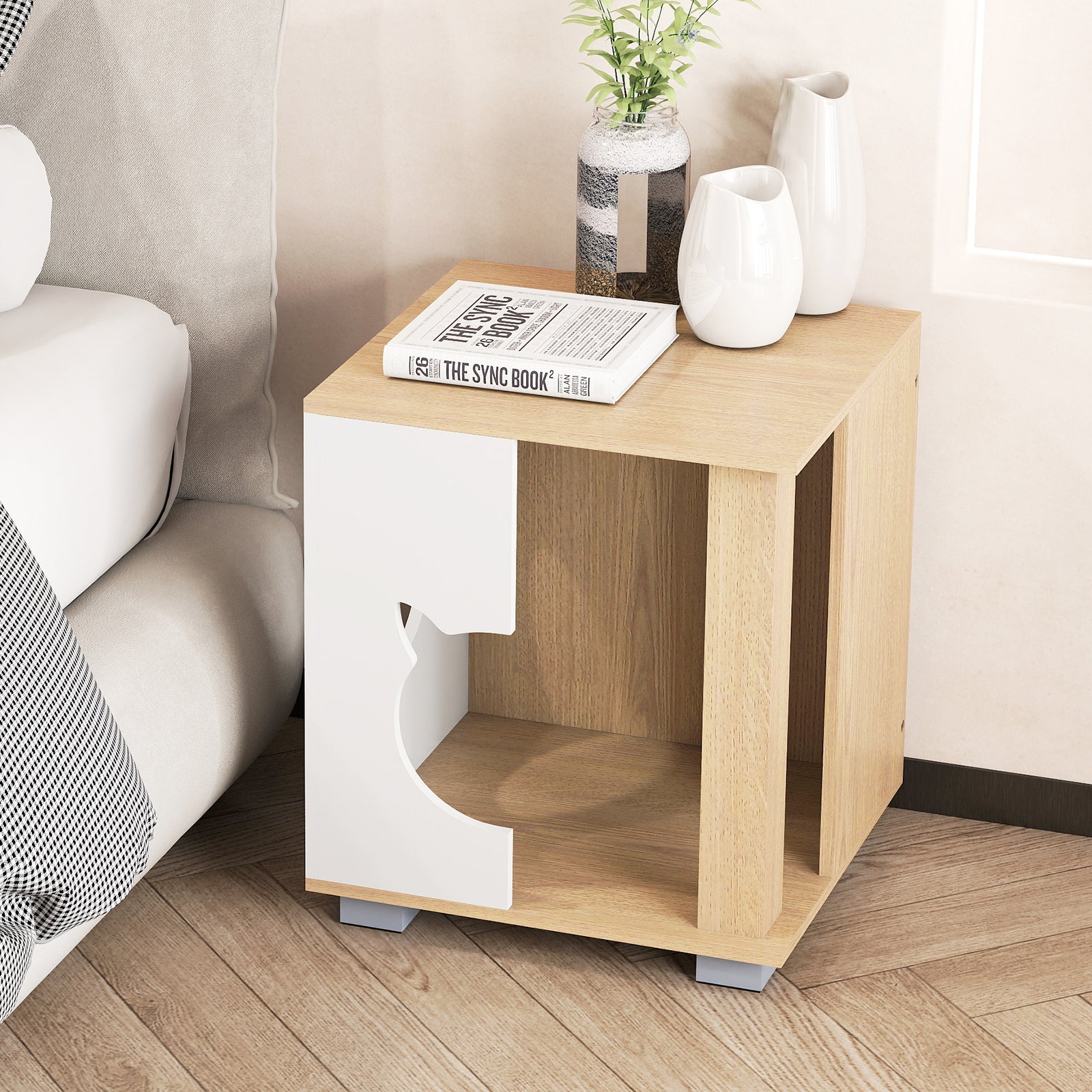 Wooden Semi-enclosed Cat Condo with Kitty Head-shaped Entry and Metal Legs-Natural