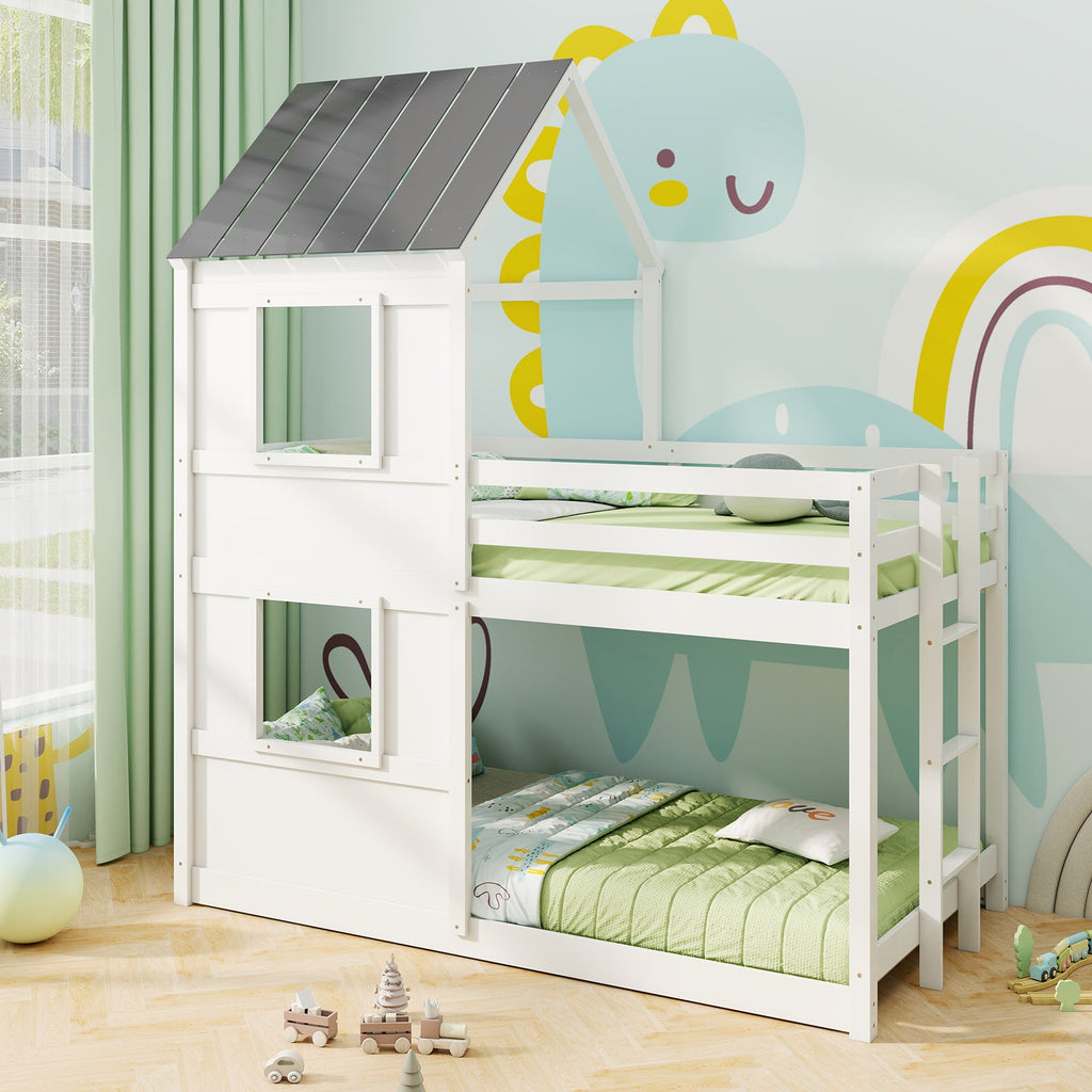 Wooden Twin Over Twin Bunk Bed with Full-length Safety Guardrail and Ladder-White and Gray