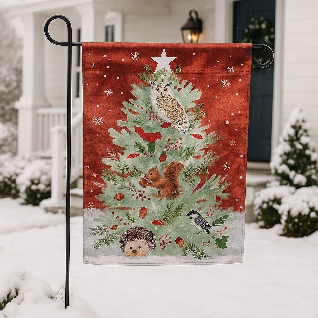Woodland Animals Christmas Tree Garden Flag ~ 2-Sided Holiday Yard Decoration