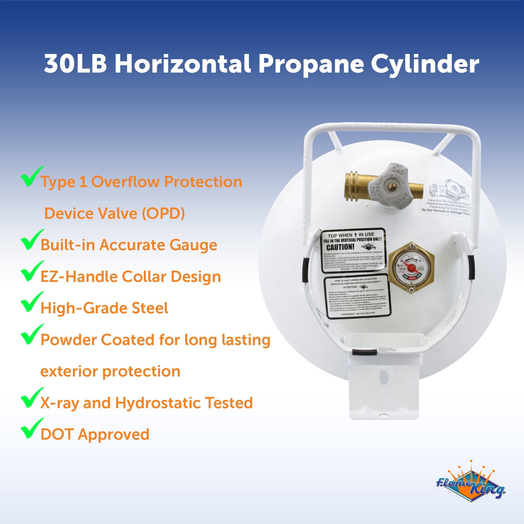 Flame King 30lb Horizontal Propane Cylinder Tank With Valve and Gauge RV Trailer