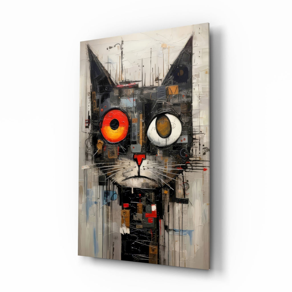 Quirky Mismatched Eye Cat Glass Wall Art