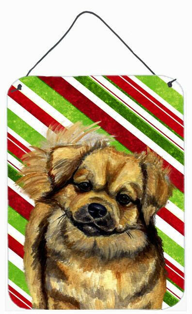 Tibetan Spaniel Candy Cane Holiday Christmas Wall or Door Hanging Prints Aluminum Metal Sign Kitchen Wall Bar Bathroom Plaque Home Decor Front Door Plaque, 12x16, Multicolor