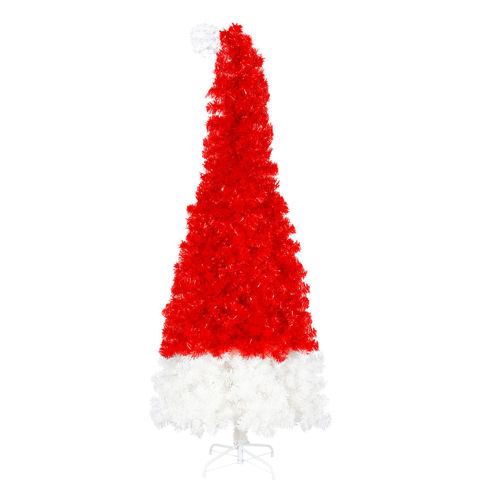 6 FT Santa Hat Shaped Christmas Tree | Pre-Lit Whimsical Curved Xmas Tree with 300 Cool White LEDs & 1050 PET Tips — Red & White