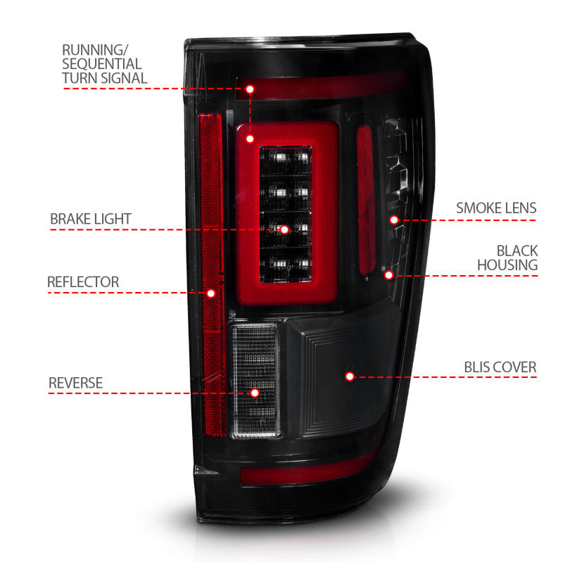 ANZO 21-23 Ford F-150 LED Taillights Seq. Signal w/BLIS Cover - Black Smoke 311474